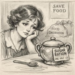 a 1918-style family longingly at a sugar bowl with a rationed st Meme Template