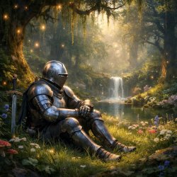 A knight in full armor sitting in grass all alone in a beautiful Meme Template