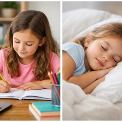 Primera imagen de niña haciendo tarea y segunda niña dormida Meme Template