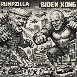 Make trumps face on god Zilla and make Biden King Kong trying to Meme Template