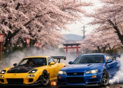 RX7 and R34 GTR drifting under sakura trees Meme Template