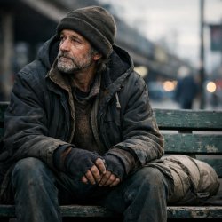 Homeless man looking out while sitting on bench Meme Template
