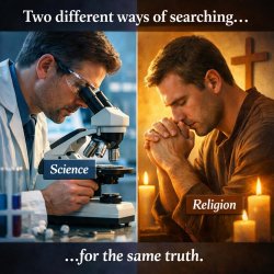 A split image. On one side, a scientist is looking through a mic Meme Template