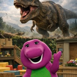 barney t rex but t rex is on the top image and barney in the bot Meme Template