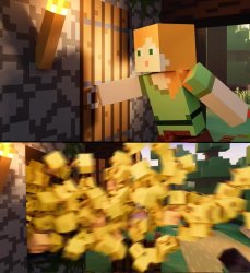 alex from minecraft opening a door and baby chickens explode out Meme Template