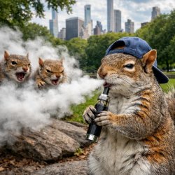 squirrel vaping in Central Park with two angry squirrels upwind Meme Template