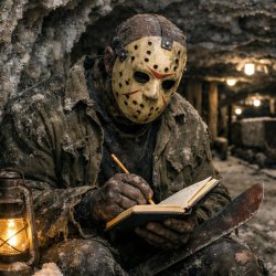 Jason voorhees with a notebook in a salt mine Meme Template