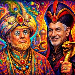 Put Donald Trump face hypnotized on sultan and put  Benjamin Net Meme Template