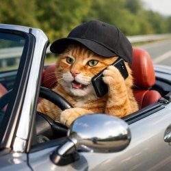 Orange cat wearing a black cap driving a roadster and talking on Meme Template