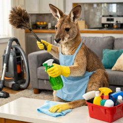 a kangaroo cleaning a house Meme Template