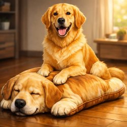 Golden retriever sitting on a fake dog pillow Meme Template