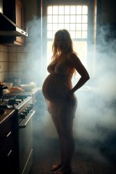 Barefoot pregnant blond woman in steamy kitchen Meme Template