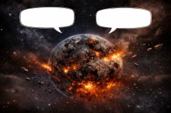 destroyed earth with two speaking bubbles Meme Template