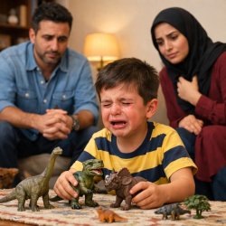 Iranian husband and wife watch crying son play with dinosaur toy Meme Template