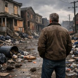 man contemplates boarded up homes, garbage everywhere, and rats Meme Template