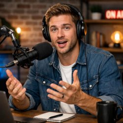 young white guy podcasting in studio speaking into mic Meme Template