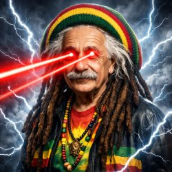 Albert Einstein dressed up as bob Marley with laser eyes and lig Meme Template