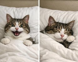 gato chistoso en la cama despierto y dormido Meme Template