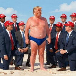 Trump swimming suit beach MAGA fans kneeling Emperor no clothes Meme Template