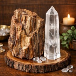 petrified wood and a clear quartz obelisk together Meme Template
