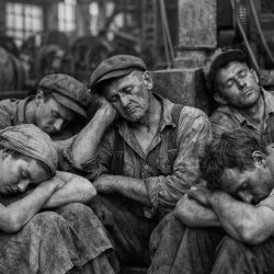 A black-and-white photo of exhausted factory workers from the ea Meme Template