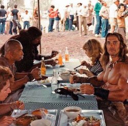 Lunch break on the set of “Conan The Destroyer”, 1984 Meme Template