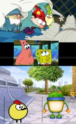 Bot with peep Patrick spongebob sleepy dopey and happy Meme Template