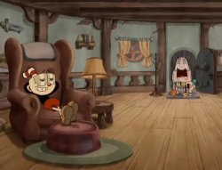 Cuphead Show Grieving In Background, Chilling in Foreground Meme Template