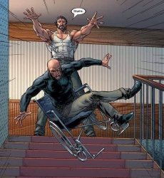 Wolverine throws Prof. X down stairs Meme Template