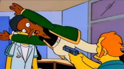 Apu jumping in front of shooter Meme Template