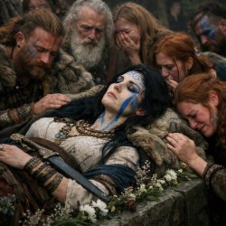 Dead celtic queen with dark hair and blue woad being mourned by Meme Template