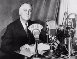 FDR at desk with microphones Meme Template