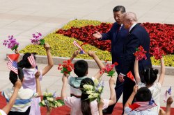 Trump with Xi and Xi gesturing to kids Meme Template