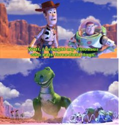 I brought my dinosaur who eats forcefield dog Meme Template