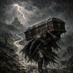 A nobel warrior struggling to carry a coffin down a long winding Meme Template