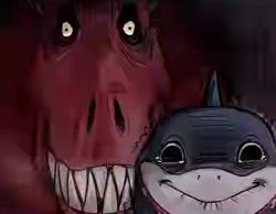 Devil dinosaur behind Jeff the shark Meme Template