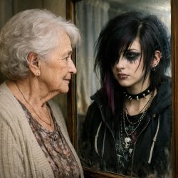 Old women looking at her emo  teen reflection Meme Template