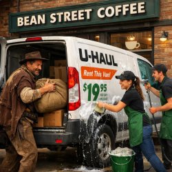 A U-haul van parked in front of a coffee house being loaded by T Meme Template