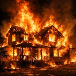 A picture of a house completely engulfed in massive flames, or a Meme Template