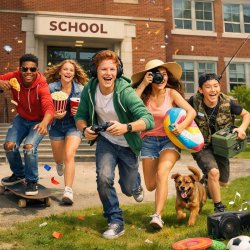 Students running away happy doing anything else than school Meme Template