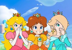 Two shocked princesses and one smiling Daisy Meme Template