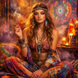 Gorgeous female, hippie attire, smokey room Meme Template