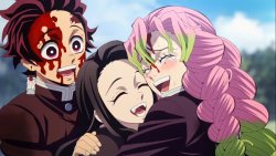 Kanroji Mitsuri hugs both Kamado Nezuko and Kamado Tanjiro Meme Template