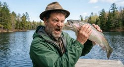 Fisherman man staring a fish in the face aggressively yelling Meme Template