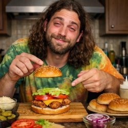 High man with his hands showing how to make a chicken sandwich Meme Template