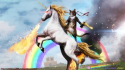cat rinding magic fire breathing unicorn in front of a rainbow Meme Template
