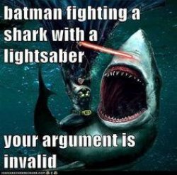 batman fighting a shark with a light saber Meme Template