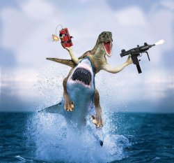 Raptor Riding Shark Meme Template