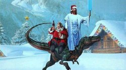 Jesus and Santa on a Raptor Lightsaber Meme Template