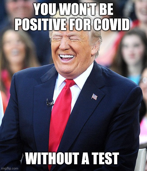 trump laughing | YOU WON'T BE POSITIVE FOR COVID; WITHOUT A TEST | image tagged in trump laughing,covid 19,trump,dumb | made w/ Imgflip meme maker